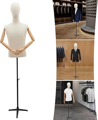 Miniatura 4 de Maniquí masculino Torso Forma de maniquí cuerpo de maniquí con brazos de madera 53-76 pulgadas de altura ajustable con trípode soporte de metal para