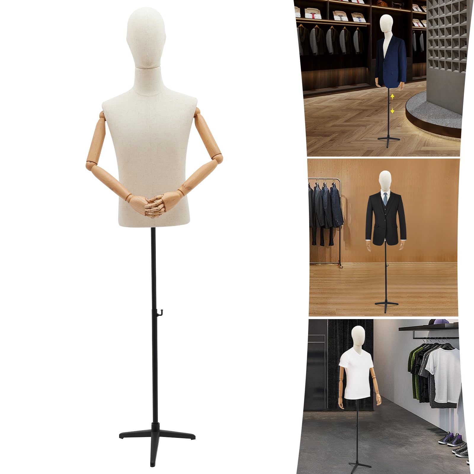 Männliche Schaufensterpuppe Kleiderpuppe mit Stativ, Höhenverstellbar 53-76 Zoll, Leinen Oberfläche Massivholz, Für Bekleidungsgeschäft Boutique Einkaufszentrum, Modedesigner Dekoration