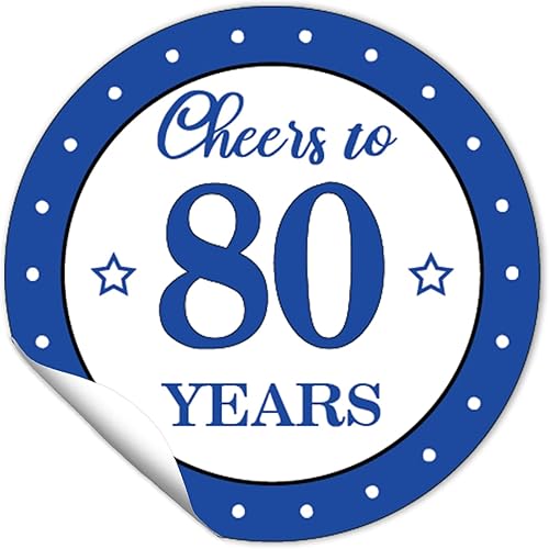 Calcomanías redondas de 1.5 pulgadas para cumpleaños n. 80 (80 piezas) calcomanías azules de Cheers to 80 años, calcomanías adhesivas para fiestas
