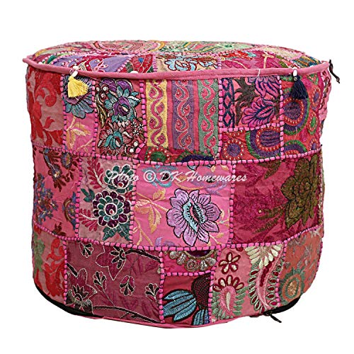 DK Homewares Indian Vintage Patchwork Pouf Ottoman Cover Pink Round Foot Rest Pouffe Living Room Cotton Embroidered Pouffe Footstool Floral Traditional 16x16x13 - COVER ONLY