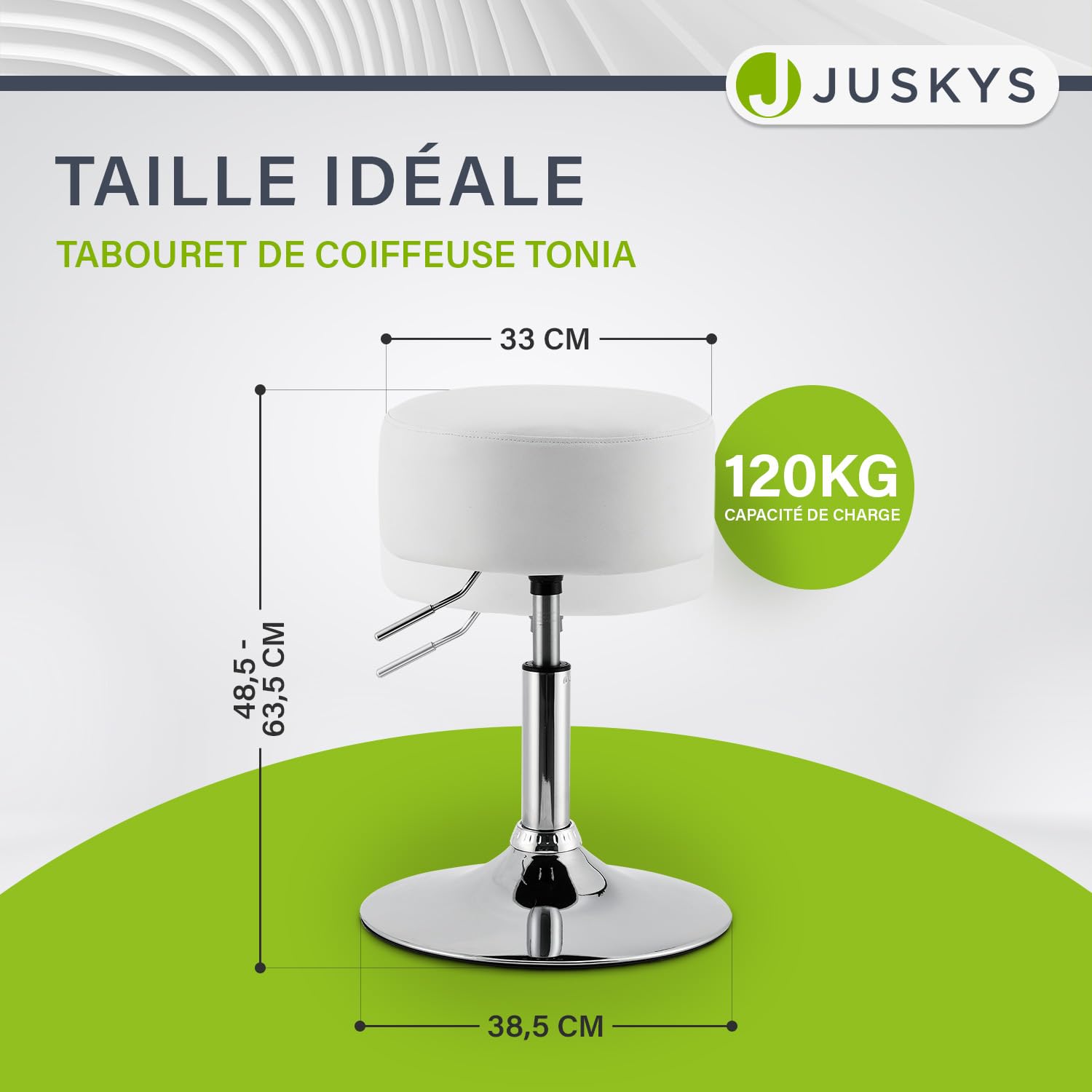 Juskys Tabouret de Coiffeuse Tonia, réglable en Hauteur de 49 à 64 cm, Ergonomique, Rond de 33 cm, Tabouret rembourré avec revêtement en Simili Cuir Blanc