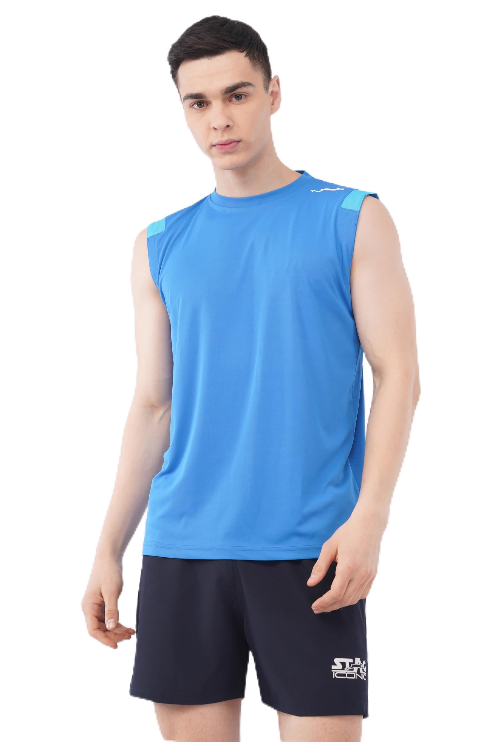 Men's Sleeveless Sports T-Shirt | Polyester Quick Dry Gym Vest | Training & Running Tank Top (Royal Blue/White)-image-5