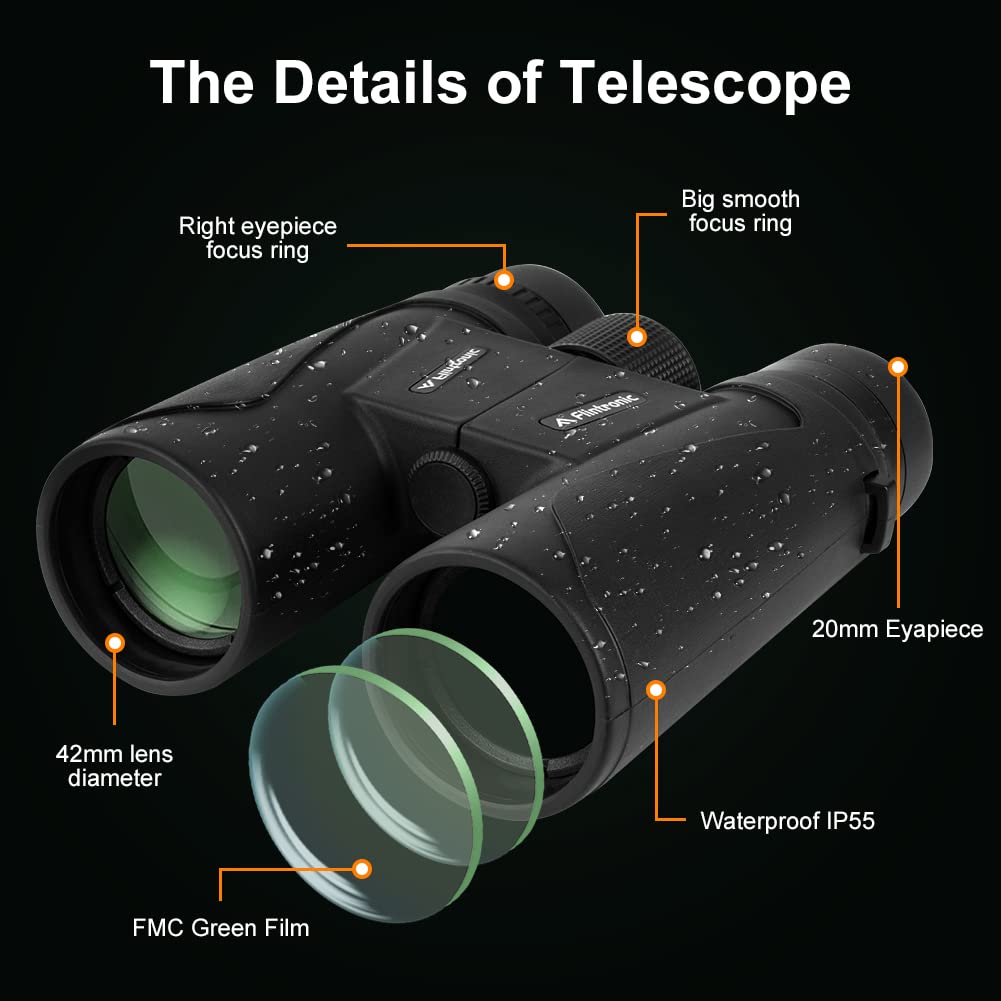 Flintronic Binocolo Professionale, 12x42 HD Binocolo impermeabile, Binocoli Compatto BAK4 Prisma e FMC Obiettivo, Binocoli Pieghevole con Adattatore per Caccia, Visite Turistiche, Birdwatching
