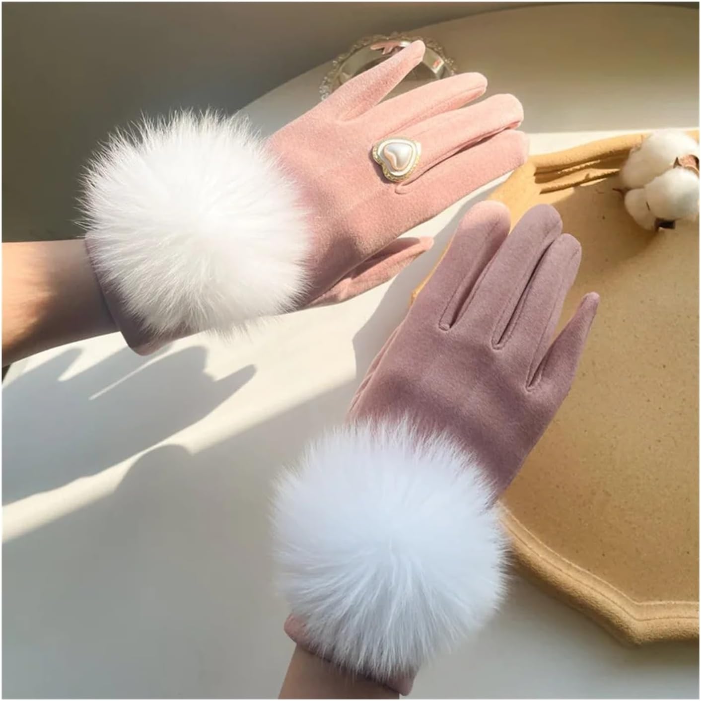 [小さな店] 女性用秋冬豪華な裏地かわいいファーポンポンバイカラーウィンターグローブ