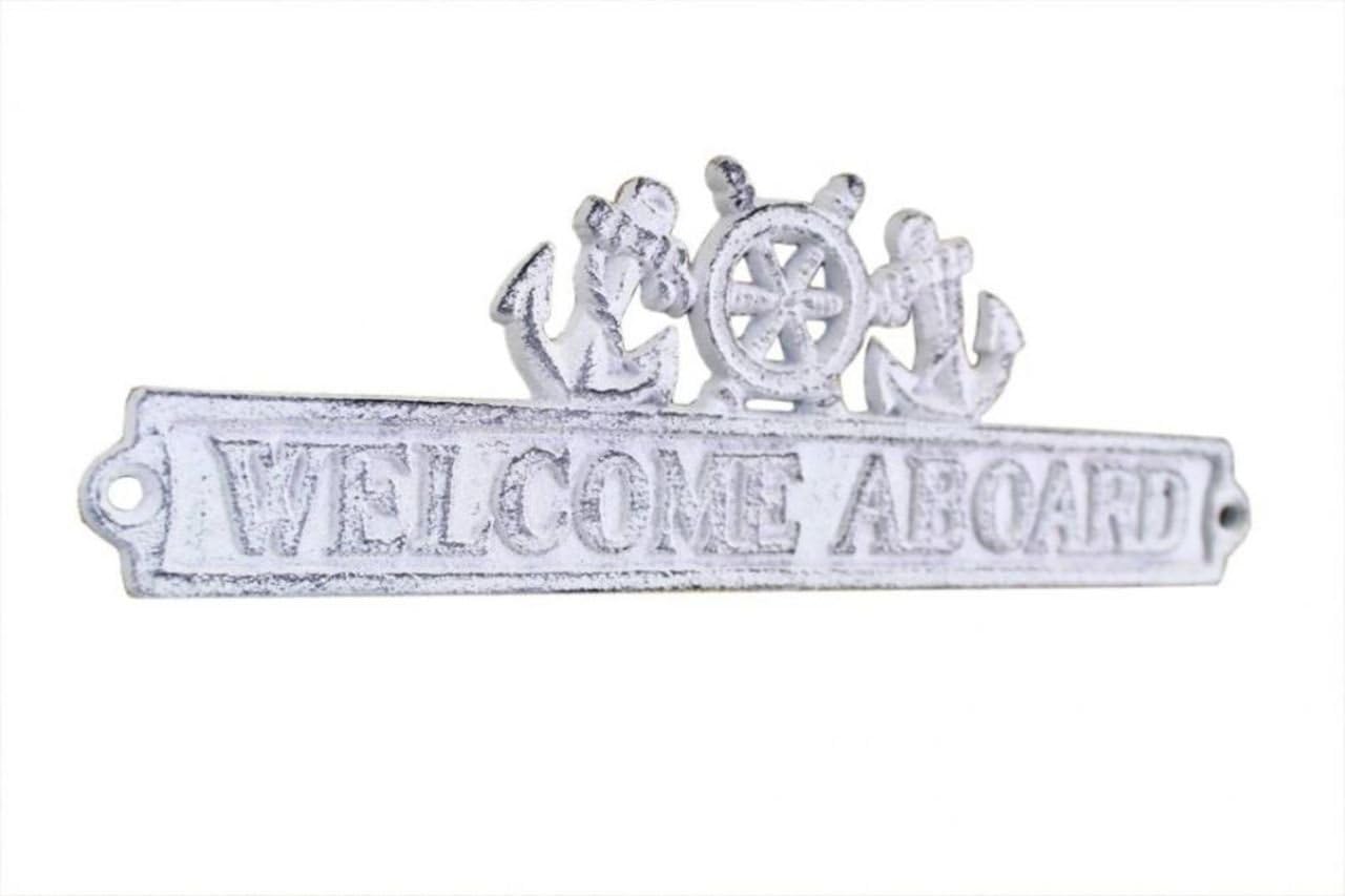Hampton Nautical K-9328-w Cast Iron Welcome Aboard Sign with Ship Wheel and Anchors, 9", Whitewashed