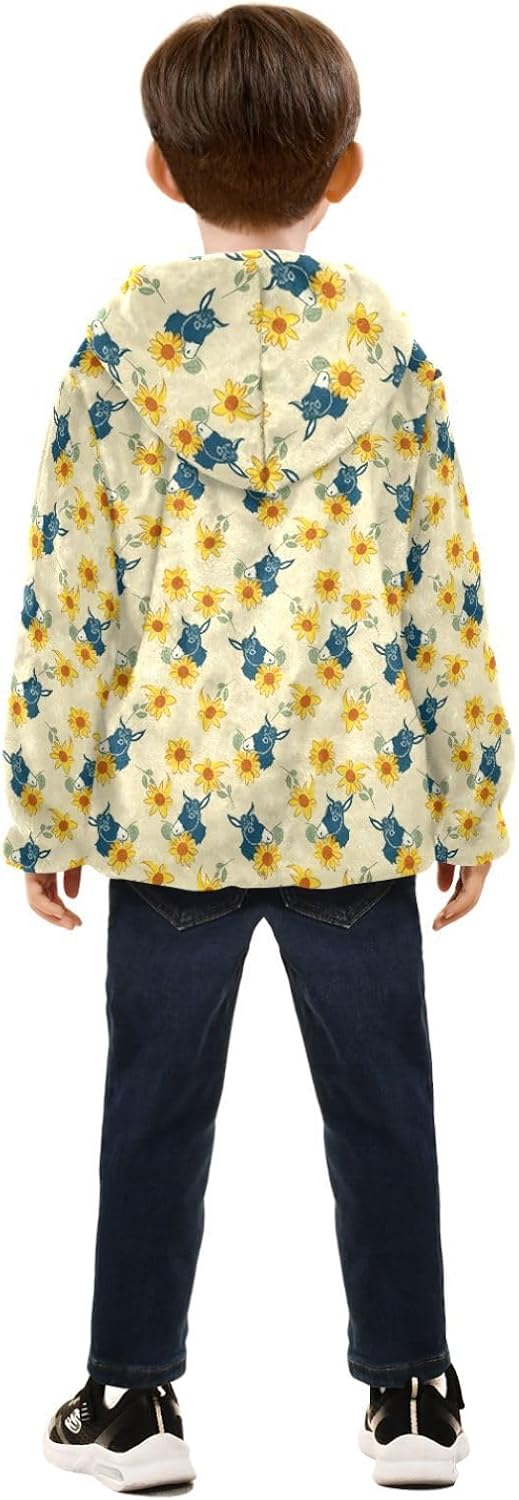 Yellow Floral and Donkey Pattern Toddler Winter Jackets Children Coats for Toddlers Navy Blue Baby Boys Fall Fleece