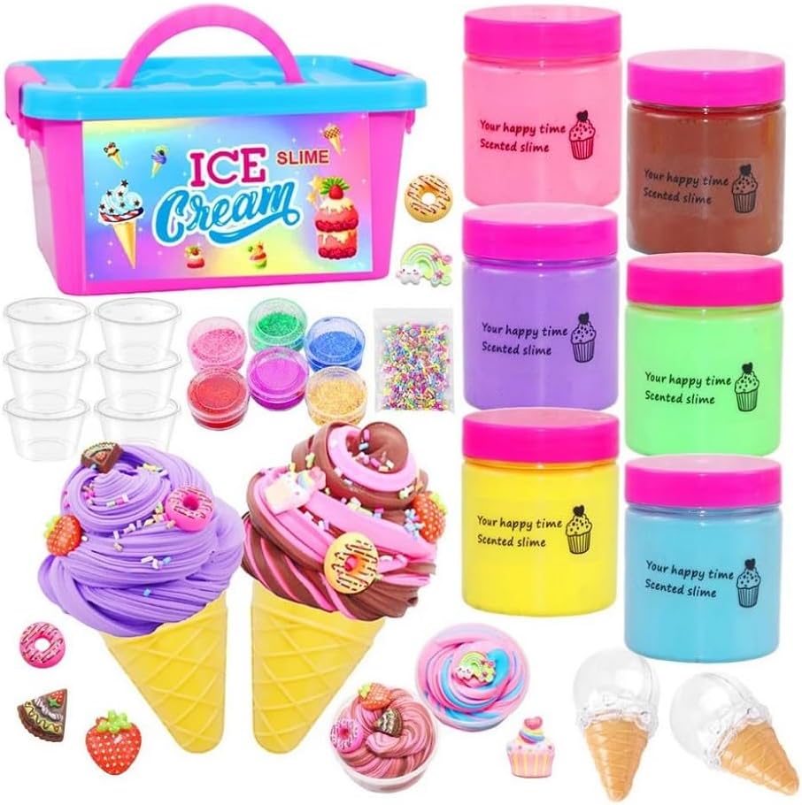 Fluffy Butter Slime Kit for Girls & Boys, 32 Piece, Non Stick, 6 Colors, Storage Box & Toy Cones, Slime Toys with Accessories, Birthday Gifts & Party Favors for Kids Aged 3+