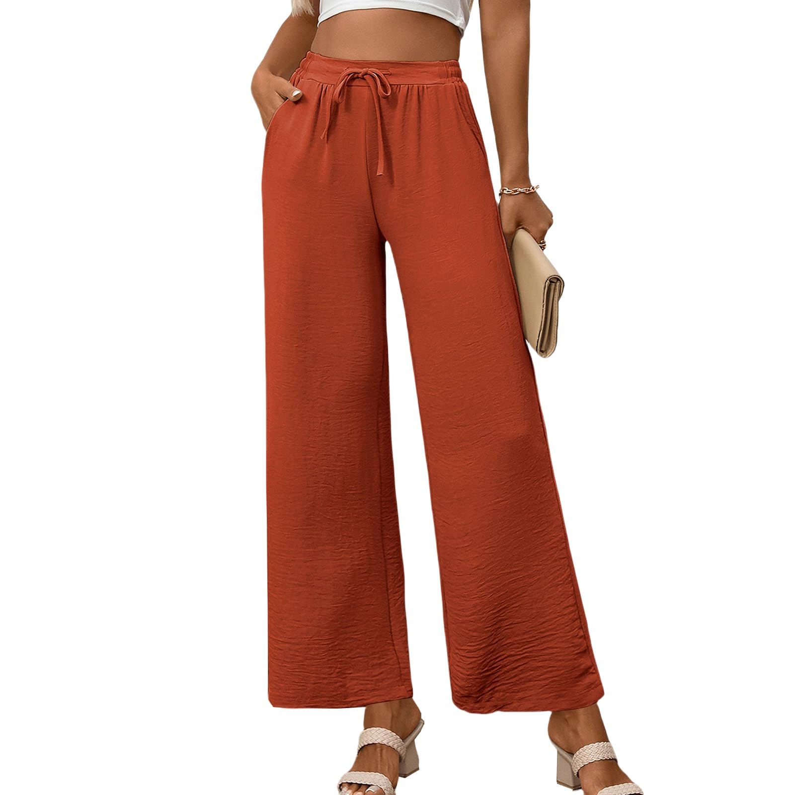 Womens Wide Leg Pants Adjustable Tie Knot Elastic Waist Palazzo Pants High Waist Loose Flowy Trousers with Pockets