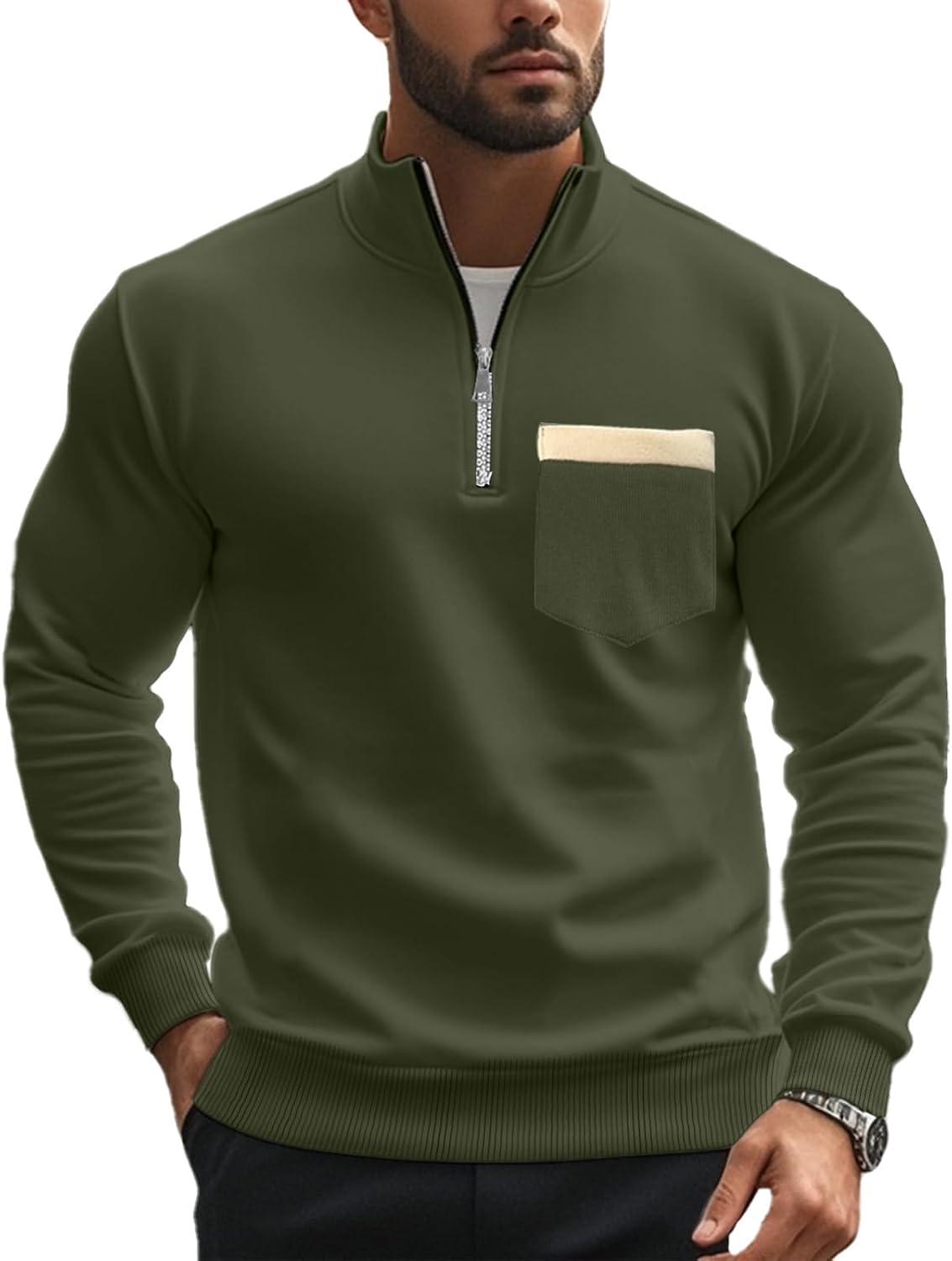 Mens Casual Sweatshirts Fitted Quarter Zip Long Sleeve Pullover Stand Collar Golf Outdoor Sweatshirt with Pocket