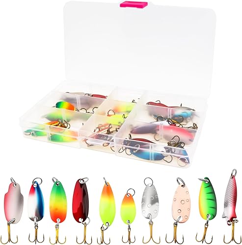 OriGlam 30 señuelos de pesca coloridos de metal giratorio, cebos de pececillo, cuchara de metal, cebos duros, anzuelos de pesca Crankbait, señuelos