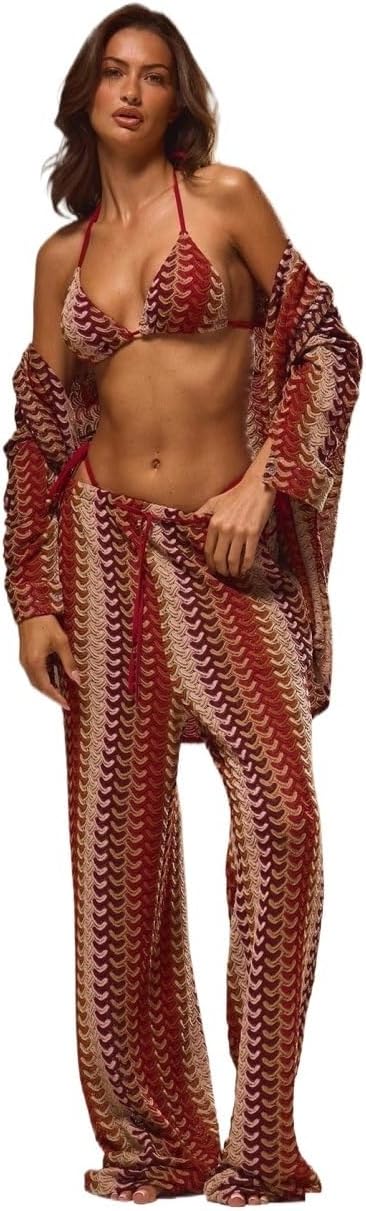 Womens High Rise Tie Waist Patterned Cover Up Trousers Cute Sexy Beach Swimwear Stripe Fall Spring cover ups for swimwear