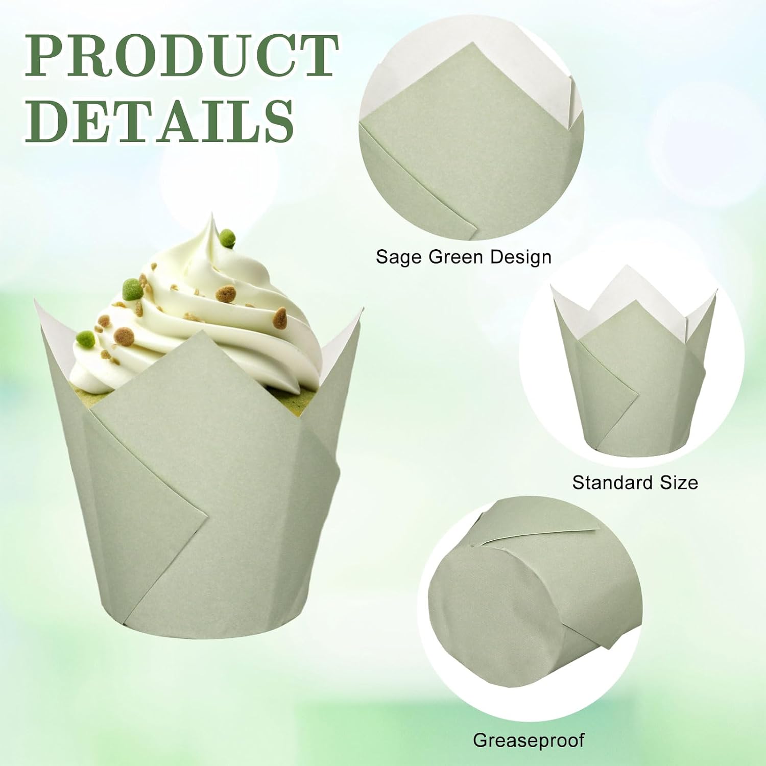 Whaline 200Pcs Sage Green Tulip Cupcake Liners Green Muffin Baking Liners Tulip Cupcake Wrappers Baking Cup for Bridal Baby Shower Wedding Birthday Party Decor