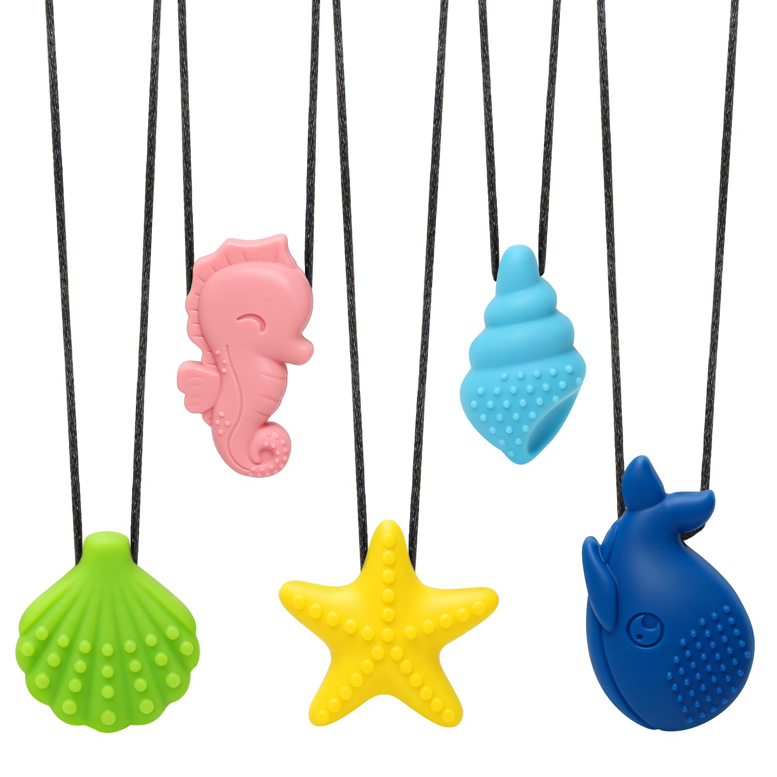 5 Pack Sensory Chew Necklaces for Kids, BPA Free,Food Grade Silicone Teether Chew Toys, Sea Animal Oral Motor Chewy Pendants for Autism ADHD and Biting, Adjustable Safety Clasp for Toddlers Boys Girls
