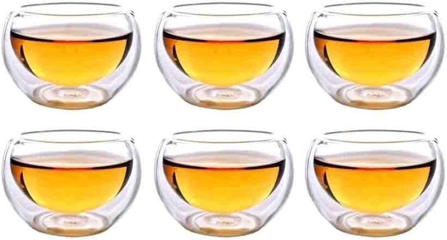 Glass Cups Set of 6 Double Walled Small Tea, Hand Blown Clear Borosilicate Tasting Cup for Juice