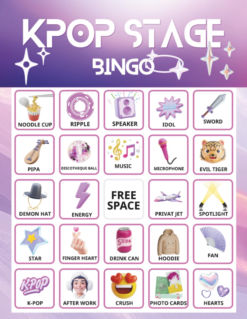 Kpop Stage Bingo: 32 Player Korean Themed Party Idol Movie, Birthday Party Bingo Activity for Korean lovers, classroom game
