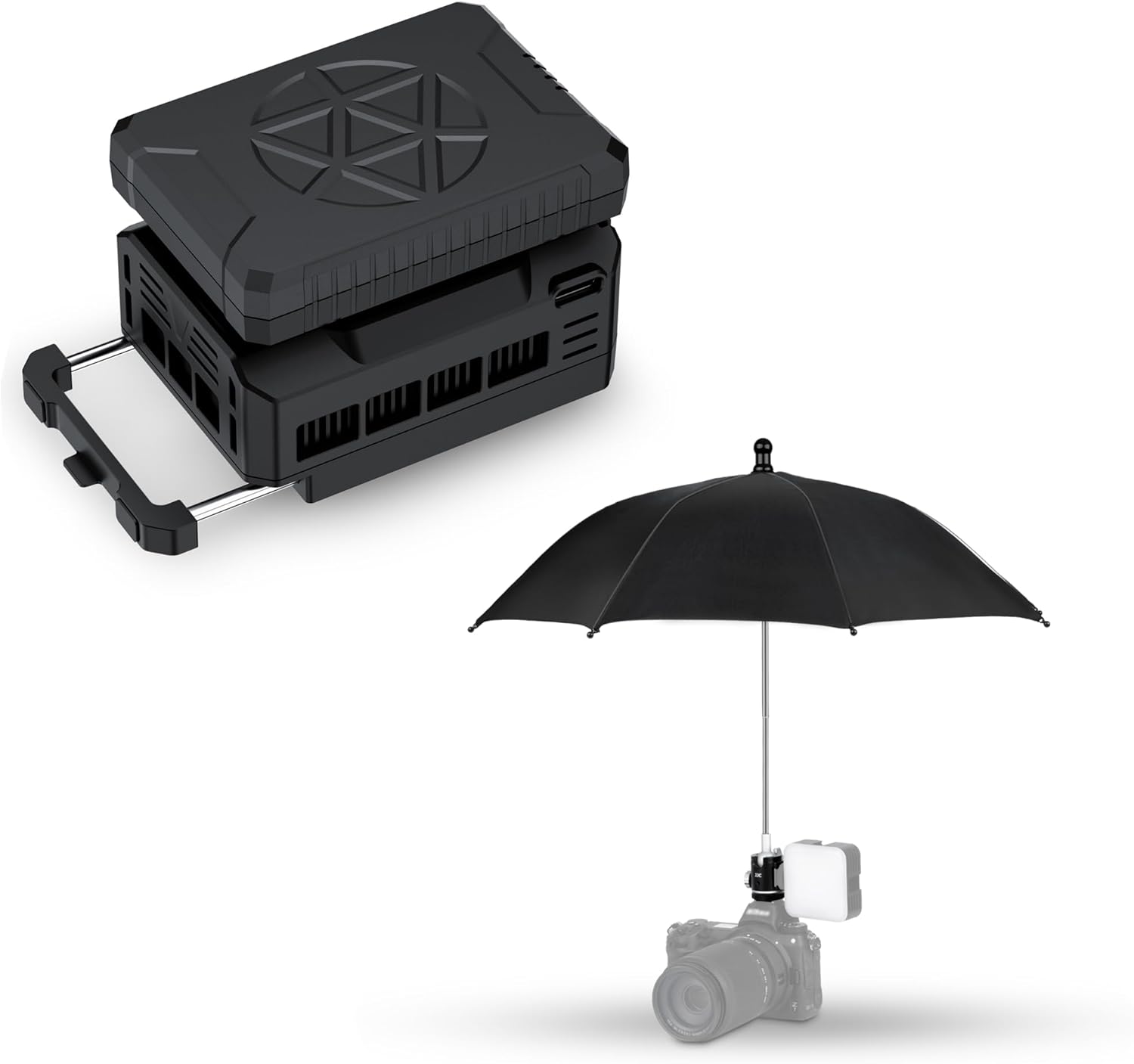 Umbrella + Cooler Kit：Camera Hot Shoe Umbrella with Camera Cooler Kit with Magnetic Rechargeable Battery
