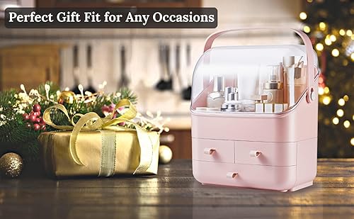 Miniatura 5 de LINFIDITE Caja de almacenamiento de cosméticos con tapa, caja organizadora de maquillaje con cubierta libre de polvo, asa portátil, vitrina de