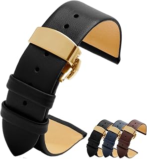 Minimalist Calf Leather Flat Thin Soft Watch Strap with Gold Deployment Butterfly Clasp- Elegant Lightweight Watchband for Women Men Unisex- Watch Band Color: Brown, Blue, Black- Choose Size