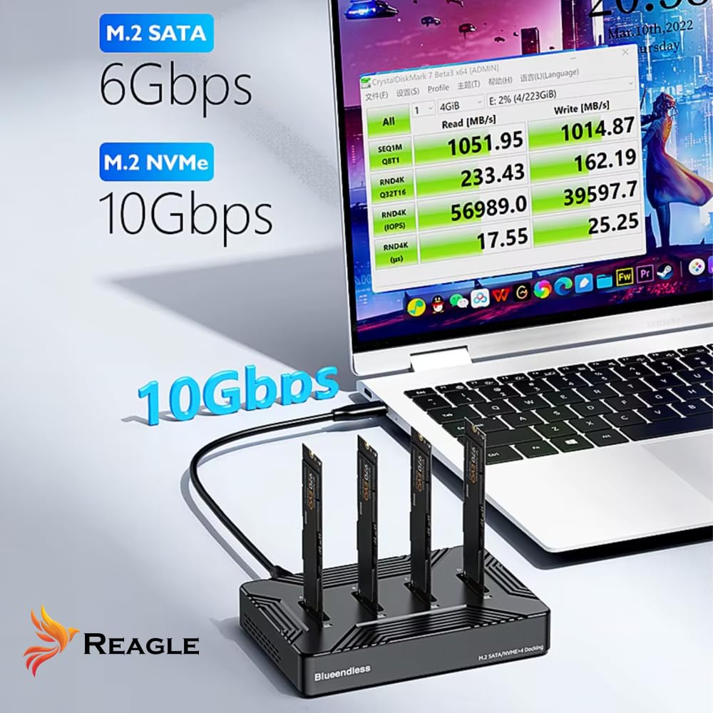Reagle Docking Station Adattatore per 4 X NVME PCIe 2230/2242 / 2260/2280 / 22110 2in1 SATA NGFF M.2 SSD USB 3.2 Reader B chiave e chiave B&M