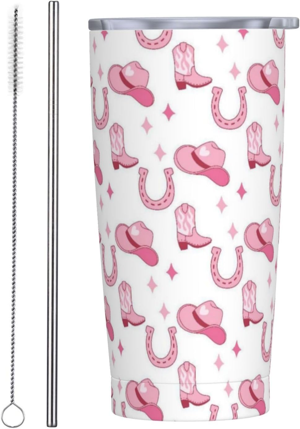 Western Cowgirl Tumbler with Lid and Straw Cowboy 20oz Insulated Stainless Steel Cup Pink Travel Coffee Mug Water Bottle for Women Gift for Birthday Christmas