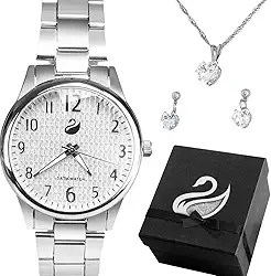 Relogio Feminino Aco Inox Classico Analogico Prata Medio Kit Colar Brincos Joias Strass Brilhante Casual Social Caixa Cisne Delicado Combo Presente