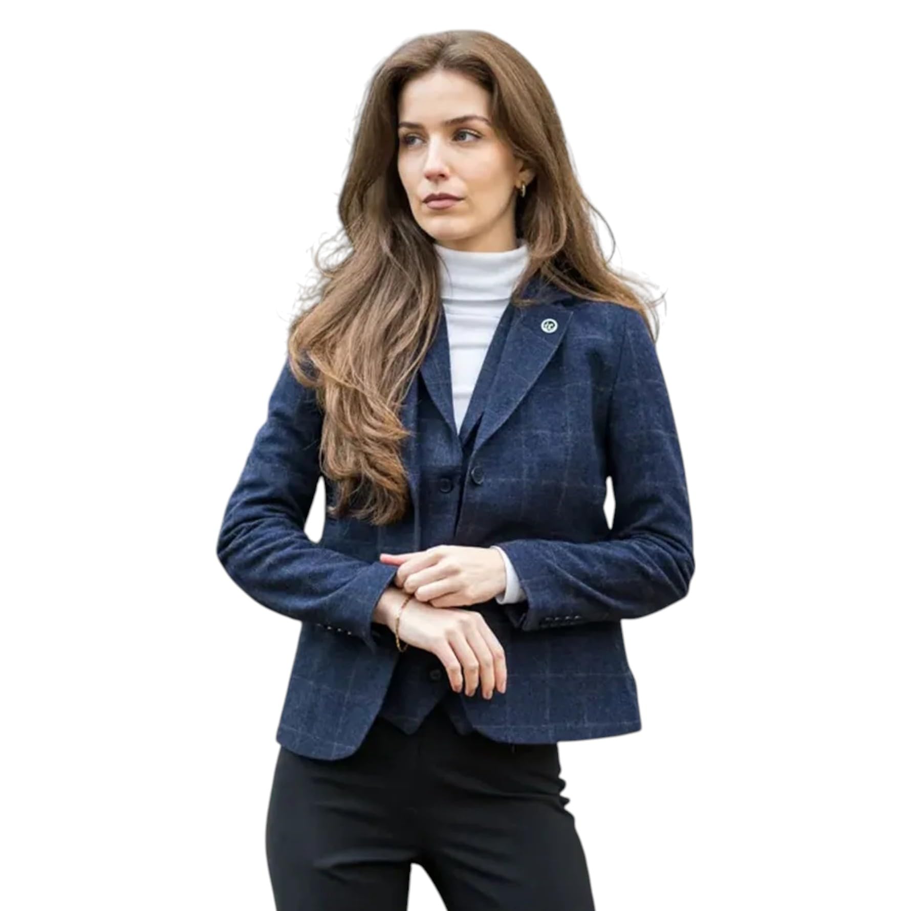 Infinity Leather Women's Tailored Fit 2 Piece Set Tweed Formal Blazer Waistcoat in Blue | Size: 14