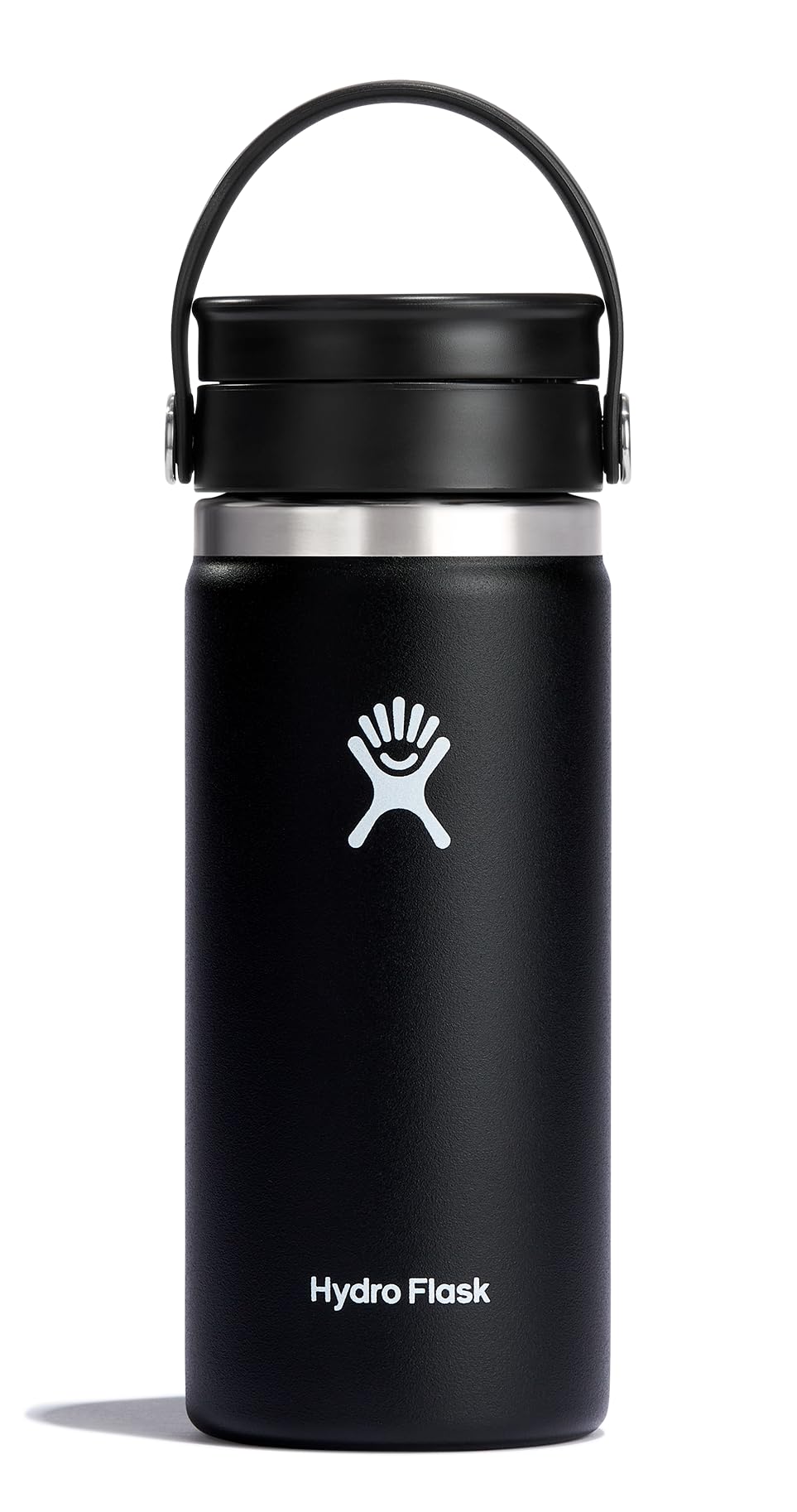 Water Bottle - Insulated Stainless Steel - Wide Mouth Flex Lid, Non Spill, Leakproof and Refillable in 16 Oz Black