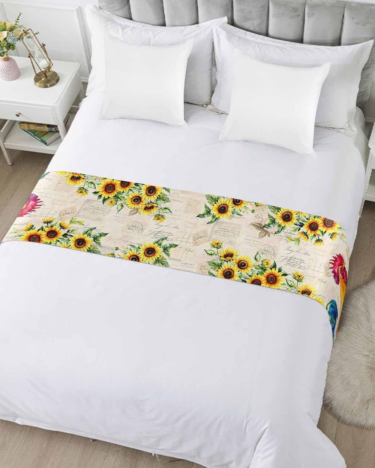 Farmhouse Rooster Bed Runner Scarf Full Queen Size, Vintage Botanical Sunflower Floral Luxury Bed Throw Runners & Scarves for Twin Full Queen King Foot of Bed, Bedroom Hotel Decoration, 83"x20"