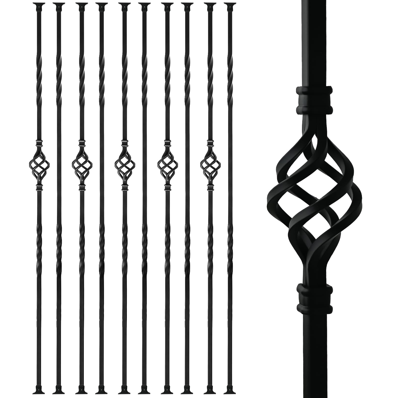 20 Pack Wrought Iron Balusters Hollow Stair Spindles 44'' Deck Balusters Double Twist Decorative Metal Balusters with Iron Baluster Swivel Shoes Square