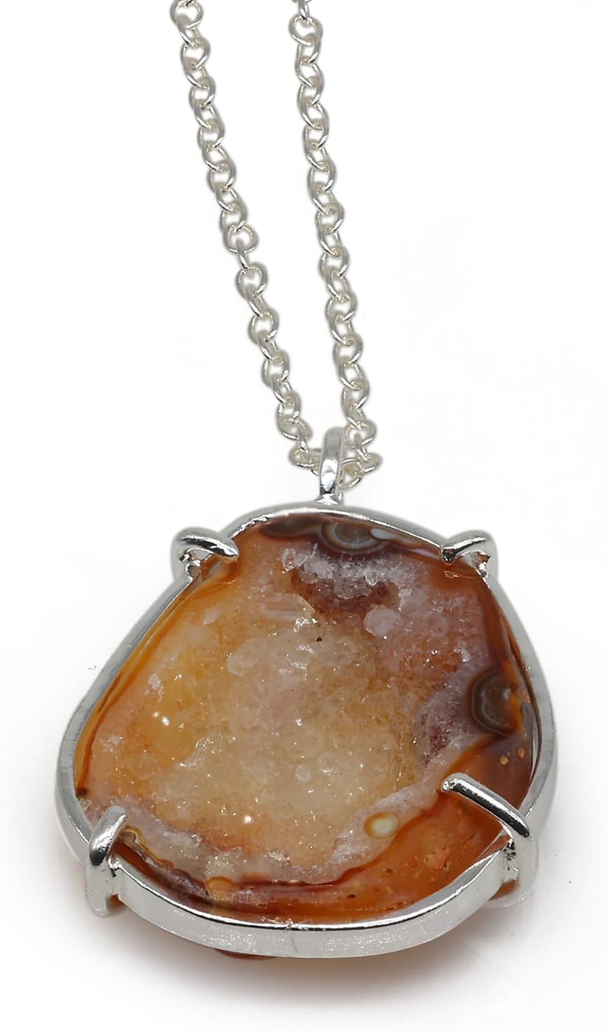 Geode Druzy Pendant with Bezel Setting, Silver Plated Chain, Stone Size 25-30 mm