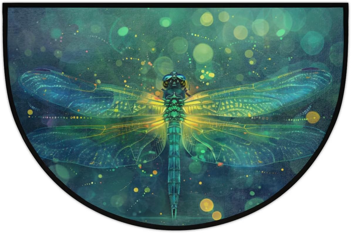 cfpolar Half Round Door Mat Dragonfly Animal Green Non-Slip Semi Circle Area Rug Washable Half Moon Hearth Rugs for Indoor Outdoor Bathroom Kitchen Patio Runner Mat Laundry Room Home Decoration