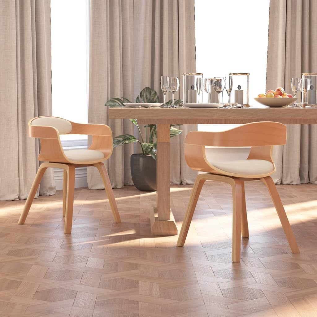 Sillas De Comedor 2 Piezas, Madera Curvada, Polipiel Crema Y Natural | Diseño ergonómico, asiento y respaldo acolchados con esponja, fácil de limpiar, carga máxima de 110 kg