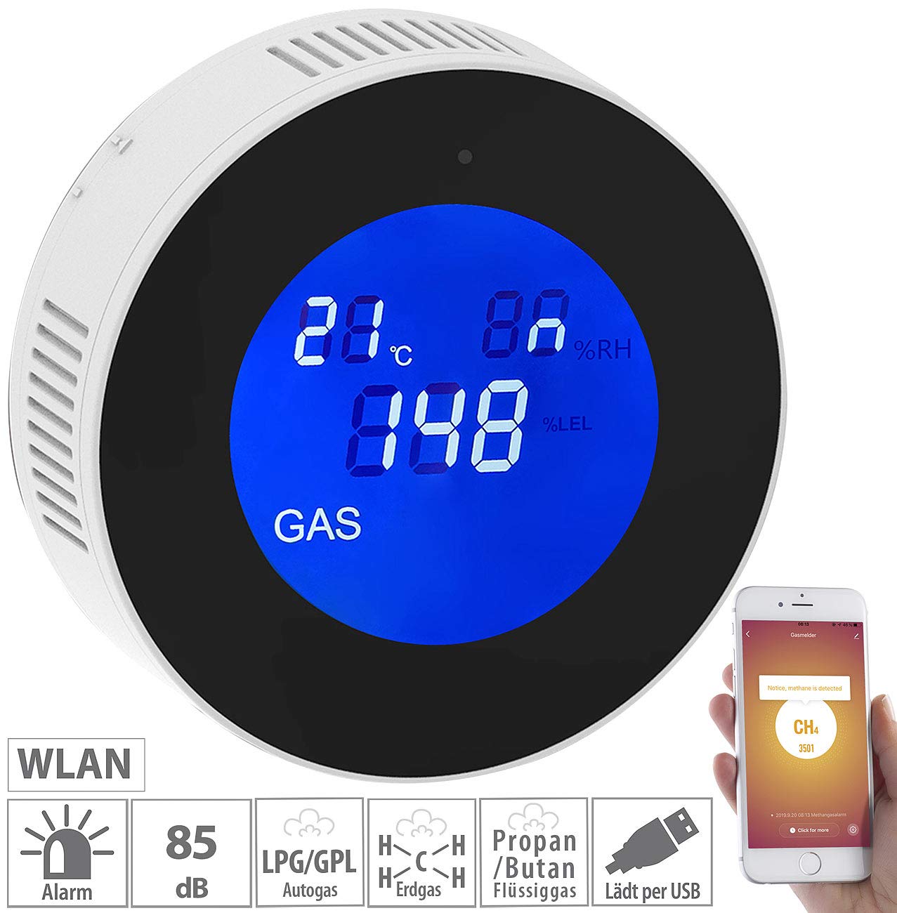 VisorTech Gassensor: 2er-Set WLAN-Multi-Gasmelder, mit App & Sprachansage (Gaswarner Erdgas, Gasmelder WiFi, Kfz)