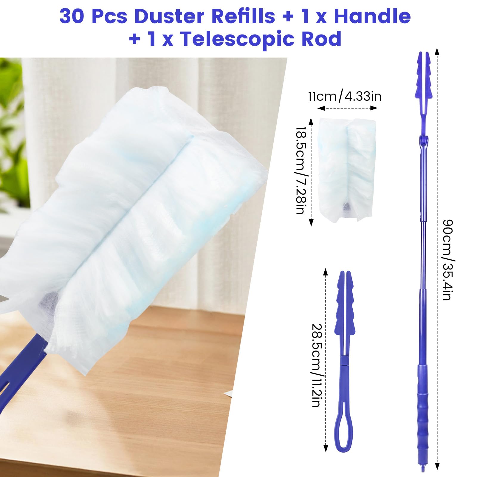 25 Pezzi Ricariche per Spolverino per Swiffer Piumini con 1 Manico e 1 Manici Telescopici, Panni Cattura Polvere, Kit per Spolverare Elettrostatico per Scuola, Ufficio, Casa, Auto