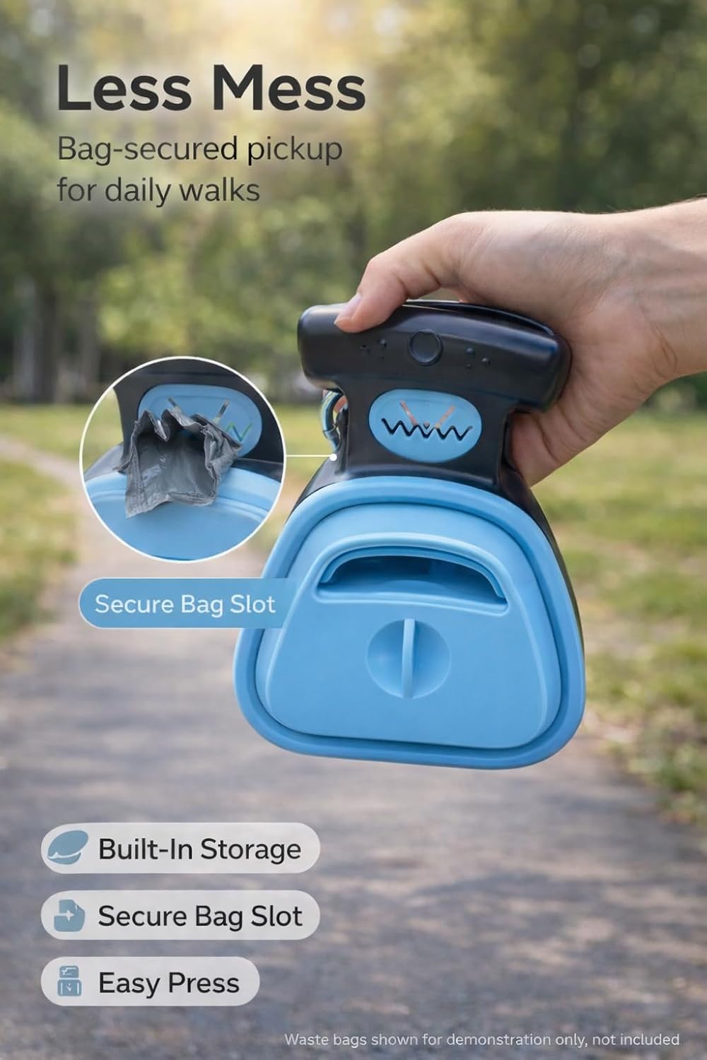 Portable Dog Pooper Scooper with Built-in Waste Bag Storage, Collapsible Pet Waste Pickup Tool with Bag Lock Slot and Metal Clip, Handheld Dog Poop Picker Upper for Walks, Yard and Travel