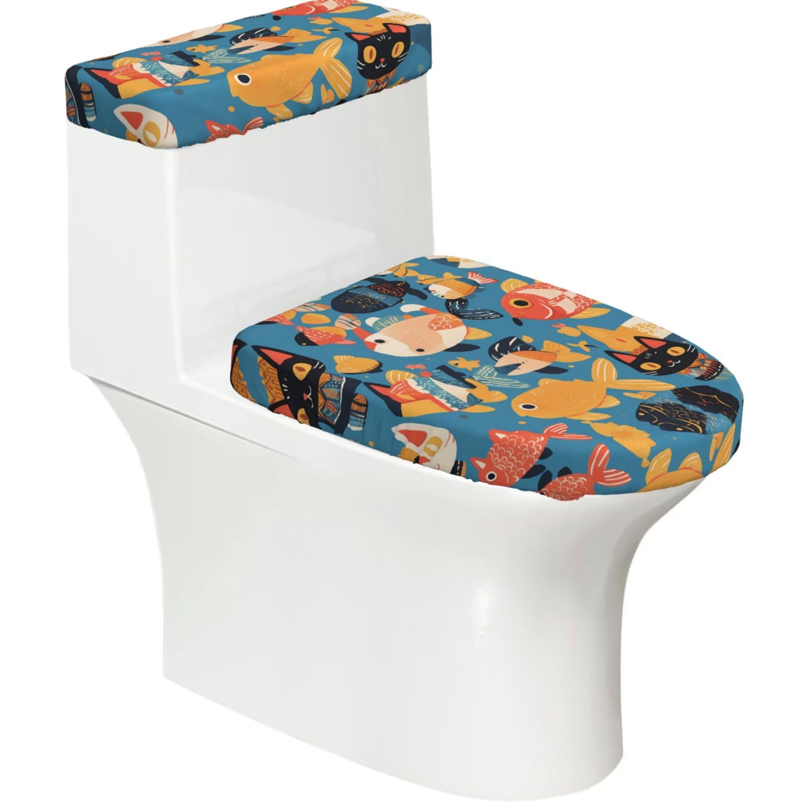 Kitten and Fish 2-Piece Toilet Seat Cover Set with Tank Lid - Elastic for U-Shape & Elongated - Bathroom Decor