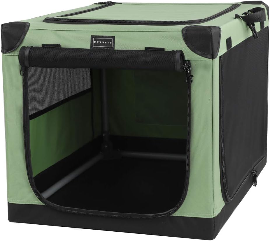 PETSFIT Soft Dog Crate, Dog Travel Crate - 36 Inch Lightweight, Easy Setup, sturdy Portable Dog Crate, Adjustable Framework with 3 Mesh Door, Soft Sided Collapsible Dog Kennel Green