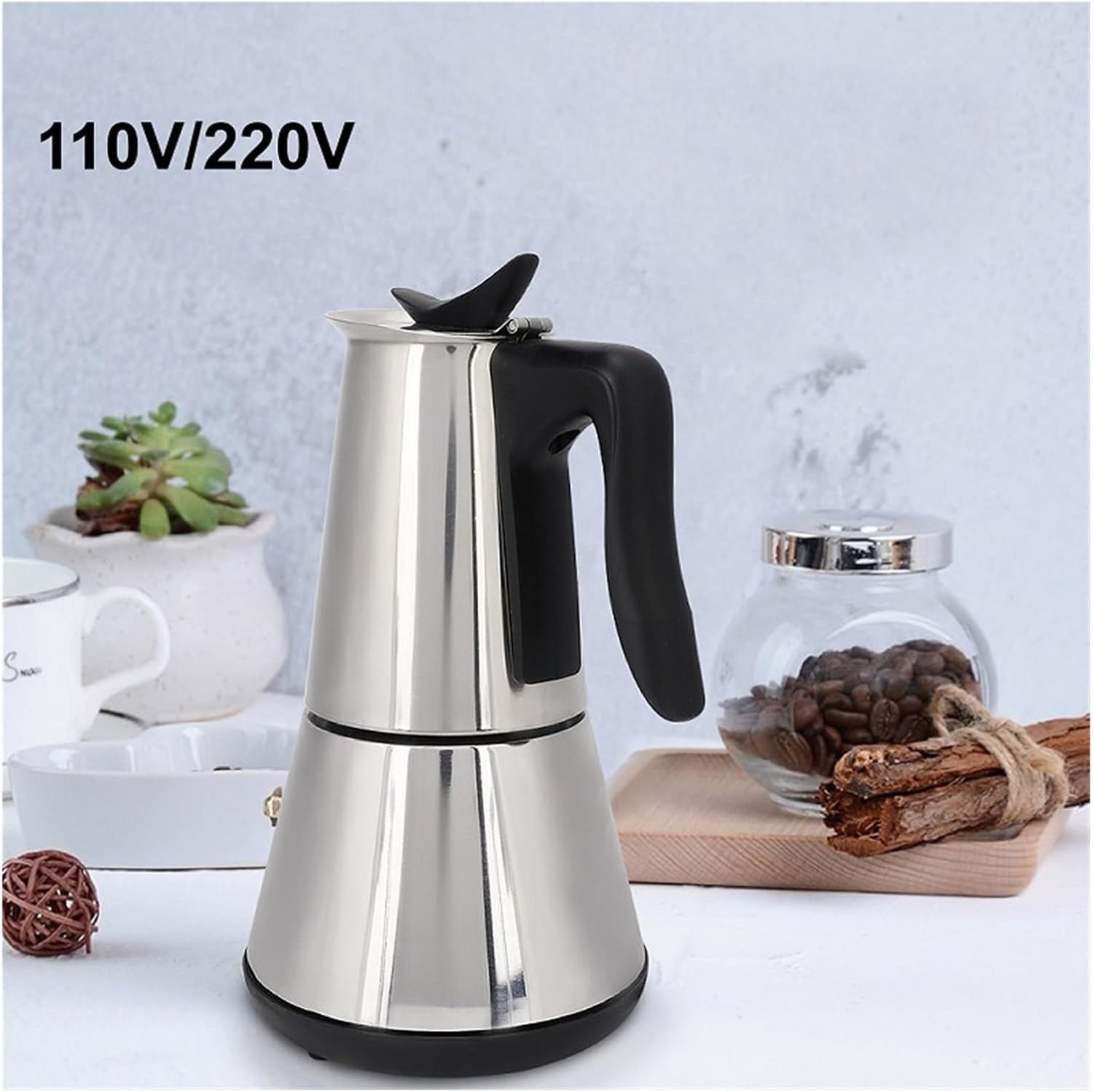 110V/220V Electric Coffee Maker 304 Stainless Steel Mocha Pot 300ml Percolator For Home Silver(110V Silver)