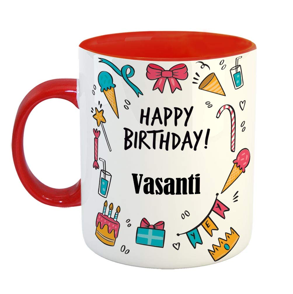 FurnishFantasy Ceramic Coffee Mug - Best Gift for Happy Birthday Mug , Color - Red, Name - Vasanti