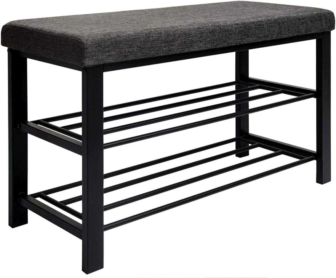 DuneDesign Shoe Storage Bench - 81x32x50 Metal Shoe Rack with Seat and 2 Shelves - Upholstered Hallway Seating - Narrow Entryway Furniture - Boot Room Ottoman - Bedroom Bathroom Corridor Cabinet White