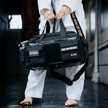 WOLFpak 30L Perfect Duffle Bag (Alpha Black) Tactical Gym Bag Hardshell Base 1000D Waterproof Travel Carry On with Shoe Compartment, Dual Cup Holders, Laptop Sleeve & Molle Straps