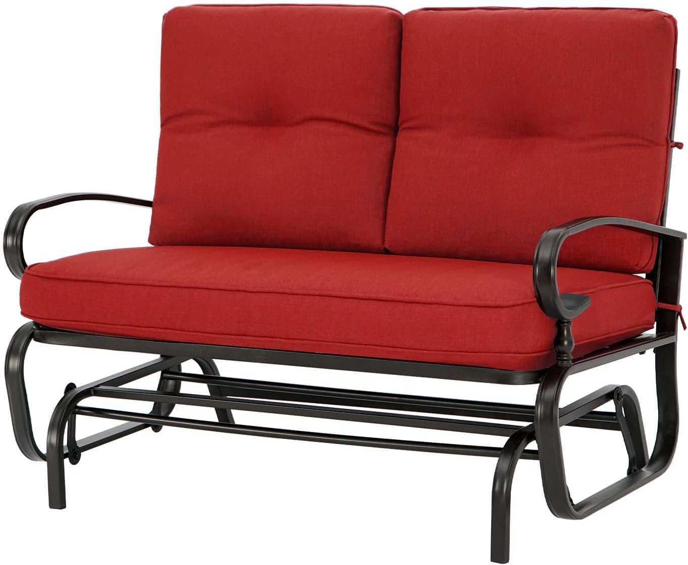 Outdoor Glider Rocking Bench 2 Person Patio Loveseat Steel Frame Furniture Set with Removable Cushion for Patio, Garden, Yard, Porch (Red)