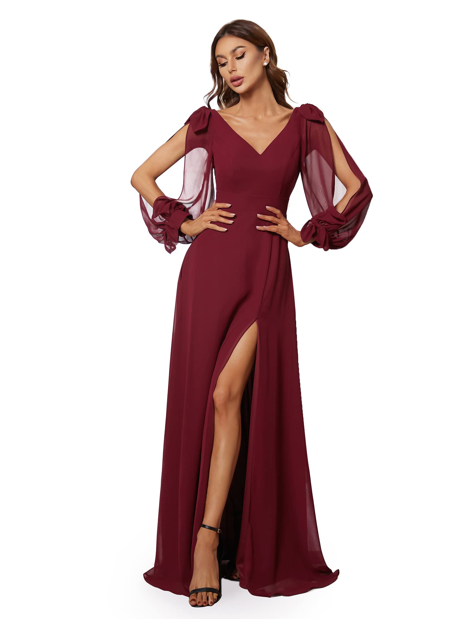Ever-Pretty Vestido de Fiesta sin Respaldo Corte Imperio Escote en V Abertura Largo para Mujer Chiffón Elegantes 80116