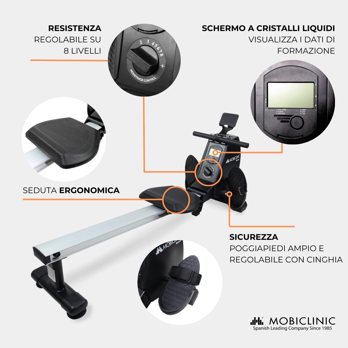 Mobiclinic® fitness, Vogatore, Rowfit, 8 livelli di resistenza, Silenzioso, Magnetica, Monitor lcd, Supporto per cellulare, Fino a 120 kg, Volano da 6, Palestra domestica