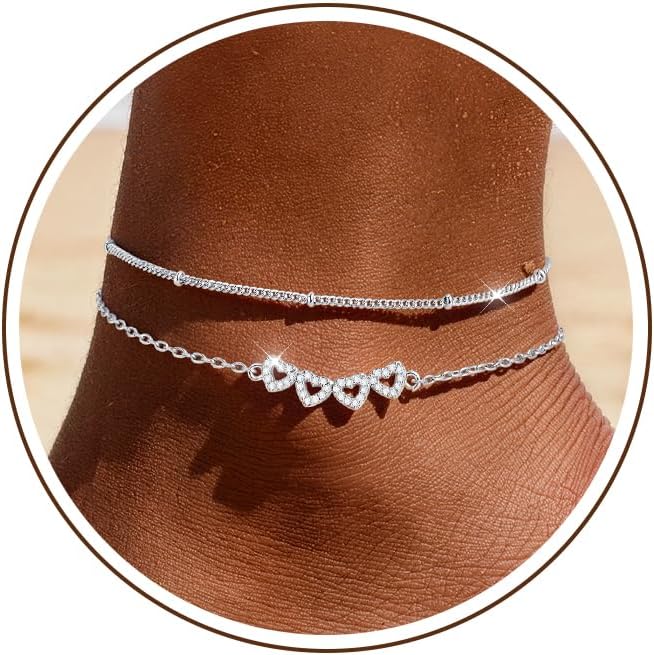 Sterling Silver Ankle Bracelets for Women 14k Gold Waterproof Layered Stackable Bead Chain Dainty Heart Charm Large Adjustable Anklet for Summer Beach Jewelry Gift
