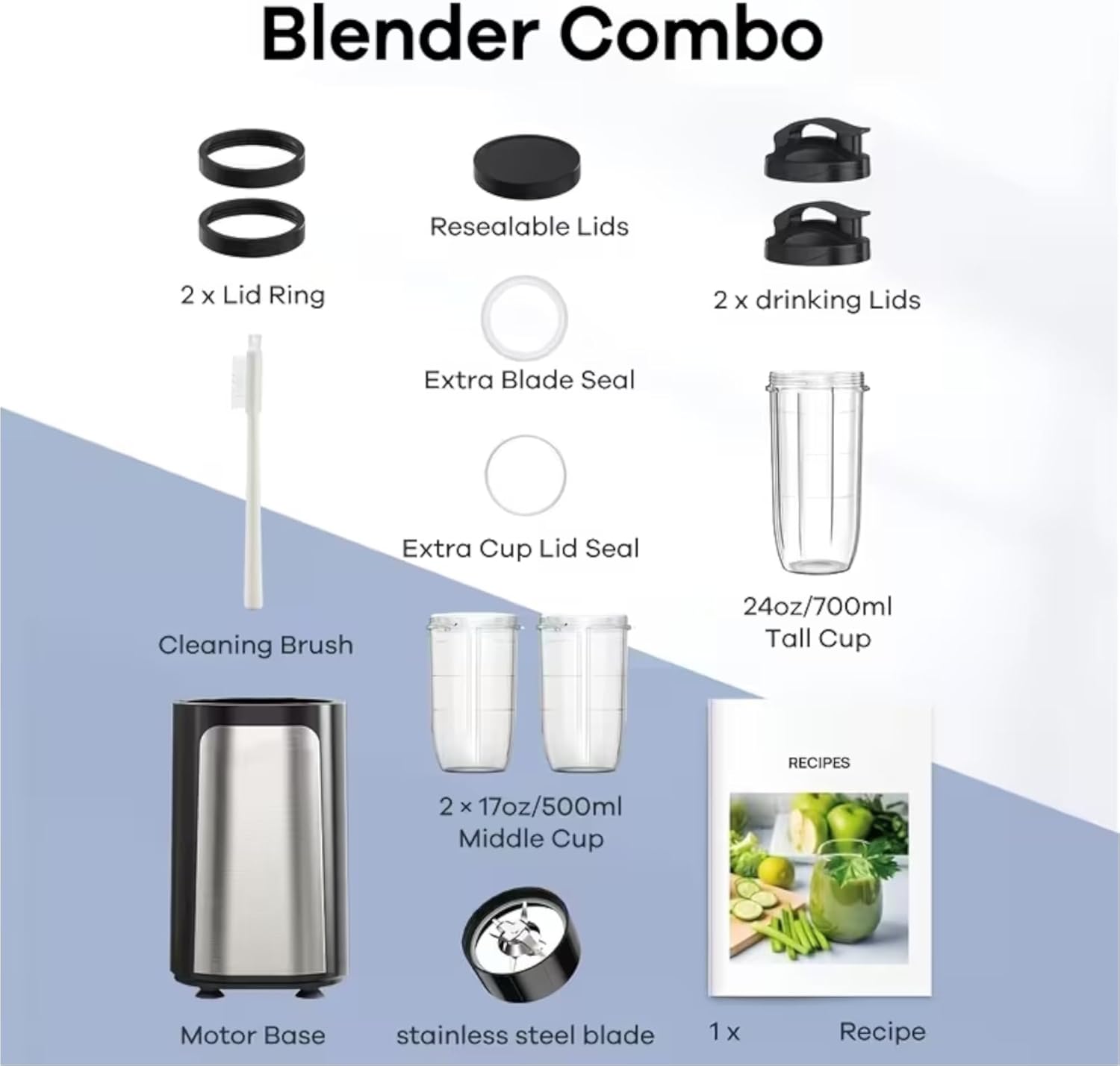 Juice Cup Blender with 3 Cups, Stainless Steel Personal Blender, Portable Smoothie Maker with Recipe Book, 17oz and 24oz Bottles