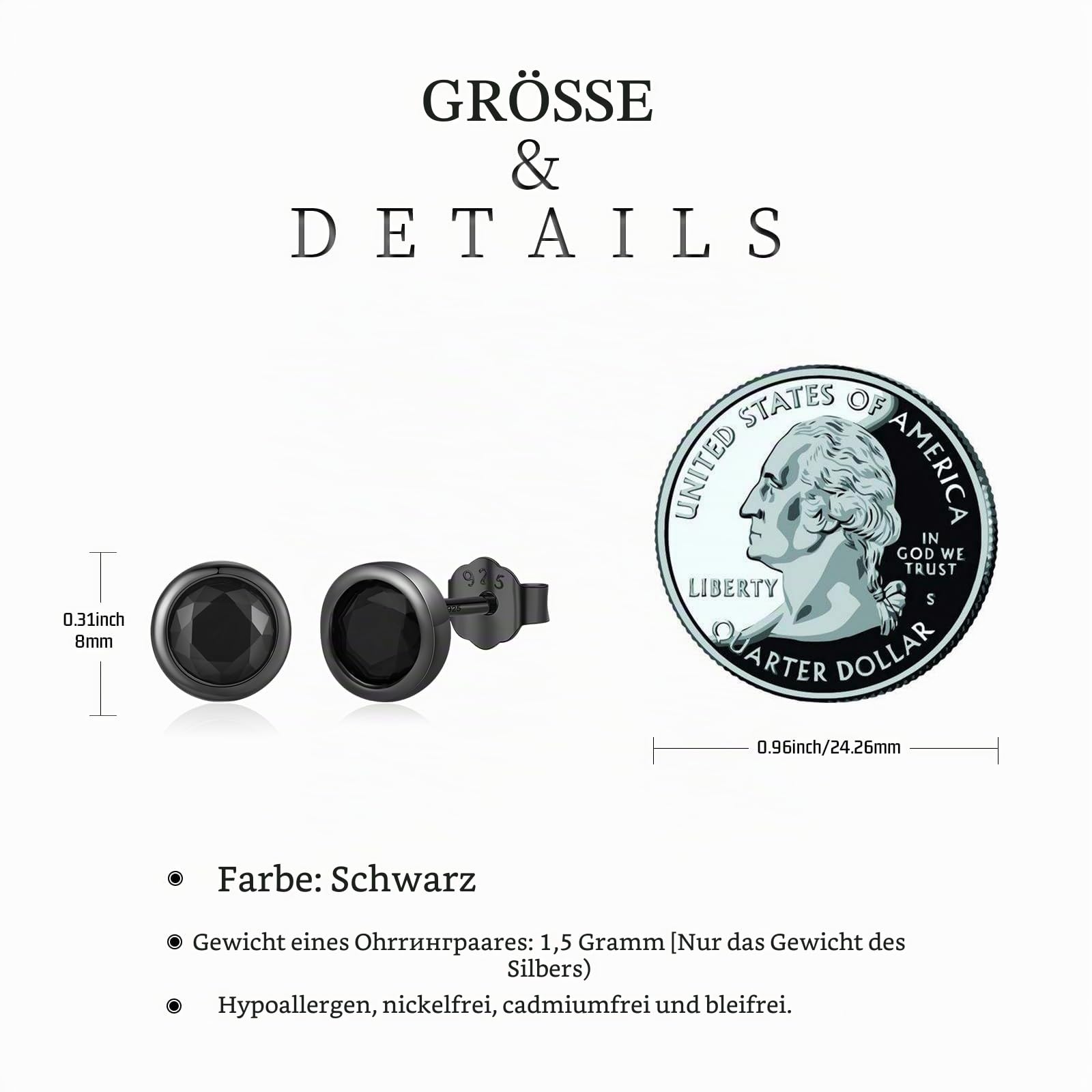 Herren Ohrringe 925er Sterlingsilber Kleine Schwarze Ohrstecker 8mm Runde Geburtsstein Ohrringe Gothic Schmuck Geburtstags Geschenk für Männer Frauen
