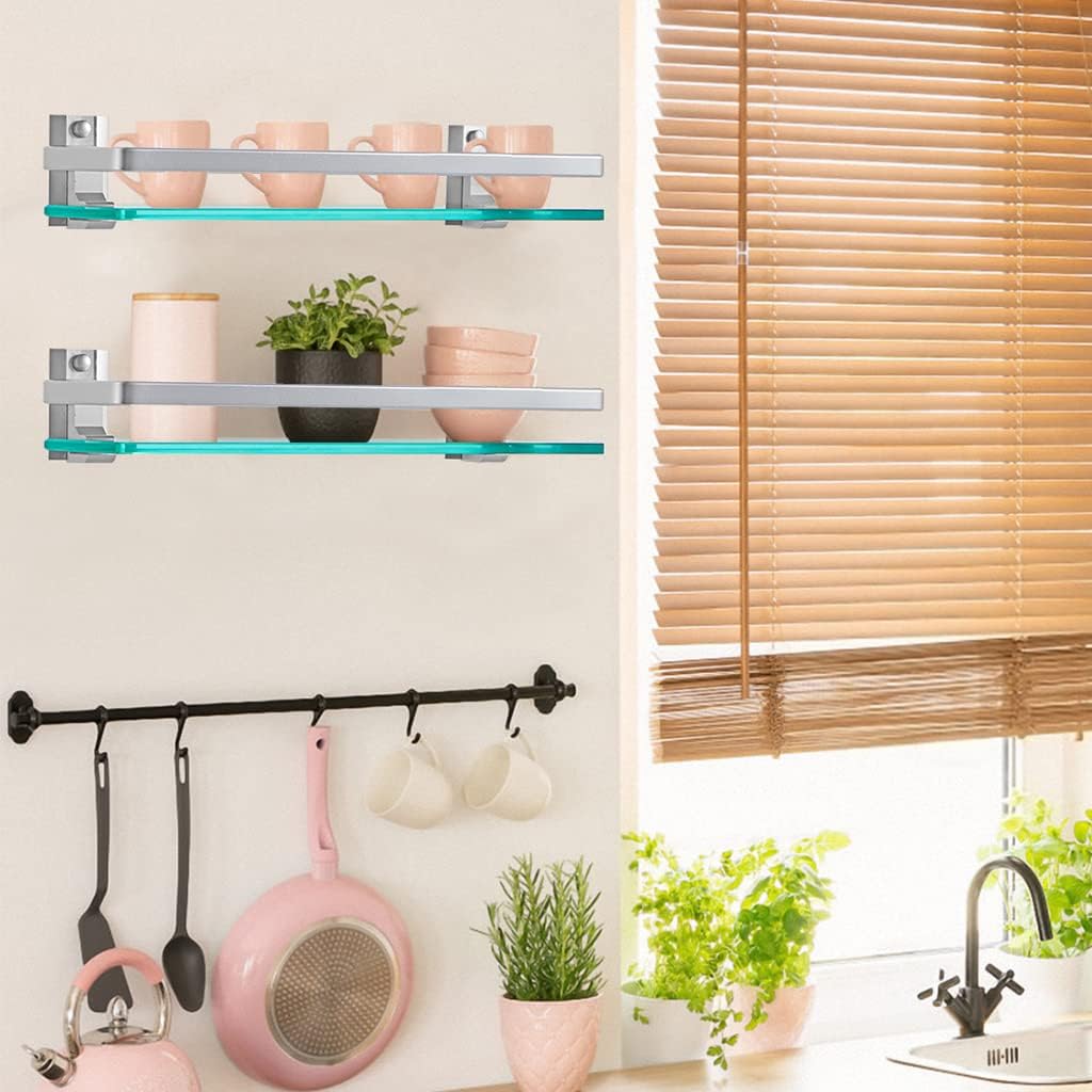 Tempered Glass Bathroom Shelf with Rail, 15" x 4.5" Rectangular Shower Caddy, Wall Mount Floating Shampoo Holder for Lavatory, Kitchen, Living Room