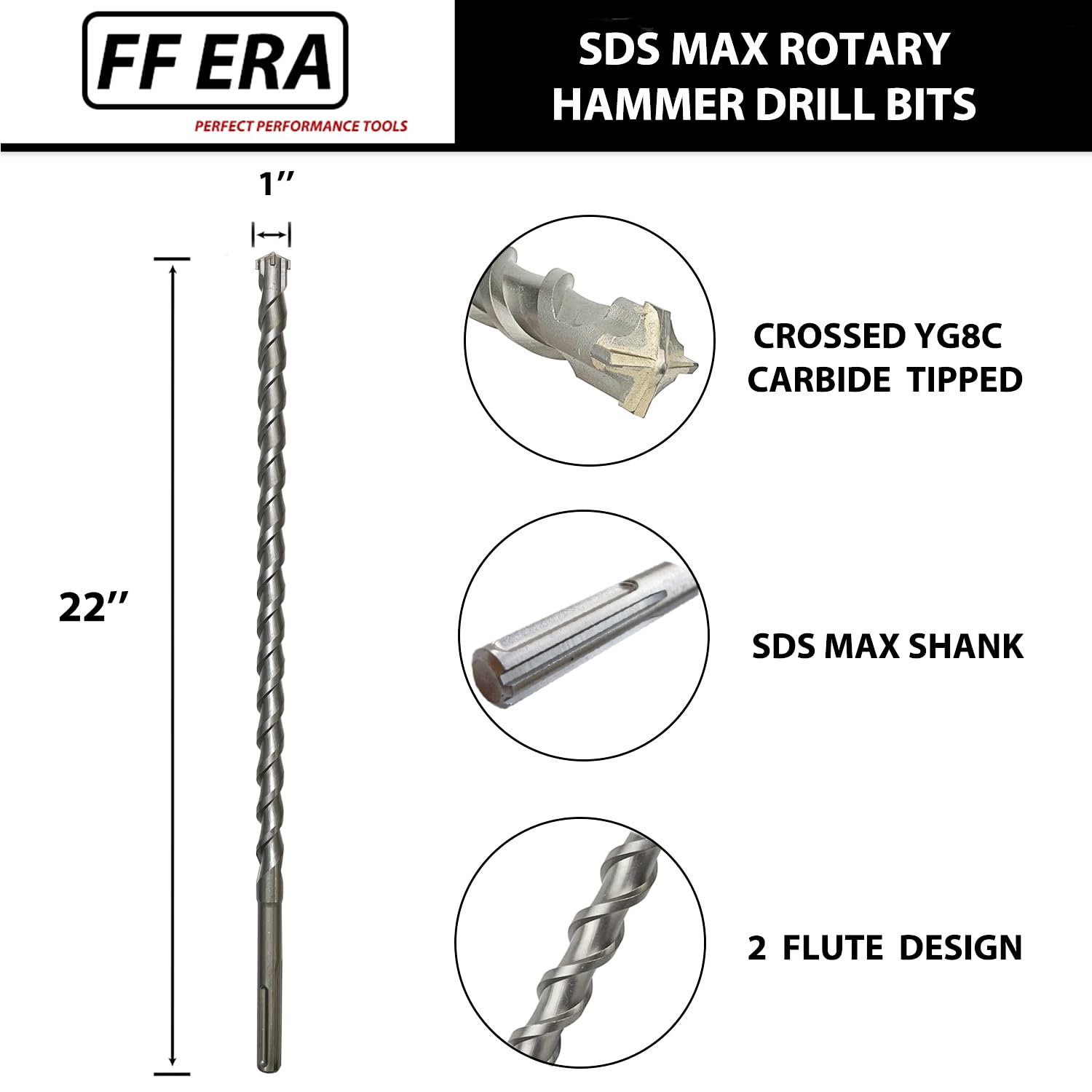 1 Inch x 22 Inch SDS MAX Rotary Hammer Drill Bit – U-Flute - Masonry Drill Bits with Carbide Tipped for Brick, Stone, Concrete – SDS MAX Divers ONLY (1''x22'')