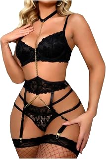 Women's Sexy Chain Lingerie Sets Floral Lace Garter Romantic Night Erotic Costume Wireless Bra Panty Stocking Sets